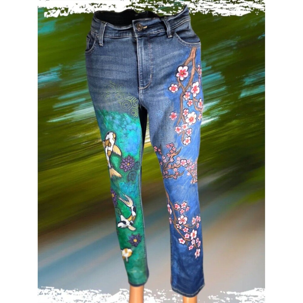 Hand-Painted Custom Jeans – Koi Water Scene & Cherry Blossoms